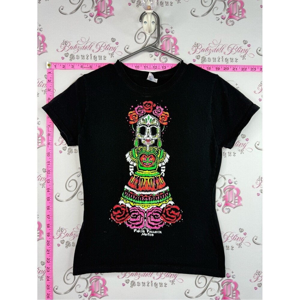 Yazbek Tshirt Black Short Sleeve Tee with Colorful Day of the Dead Doll Graphic